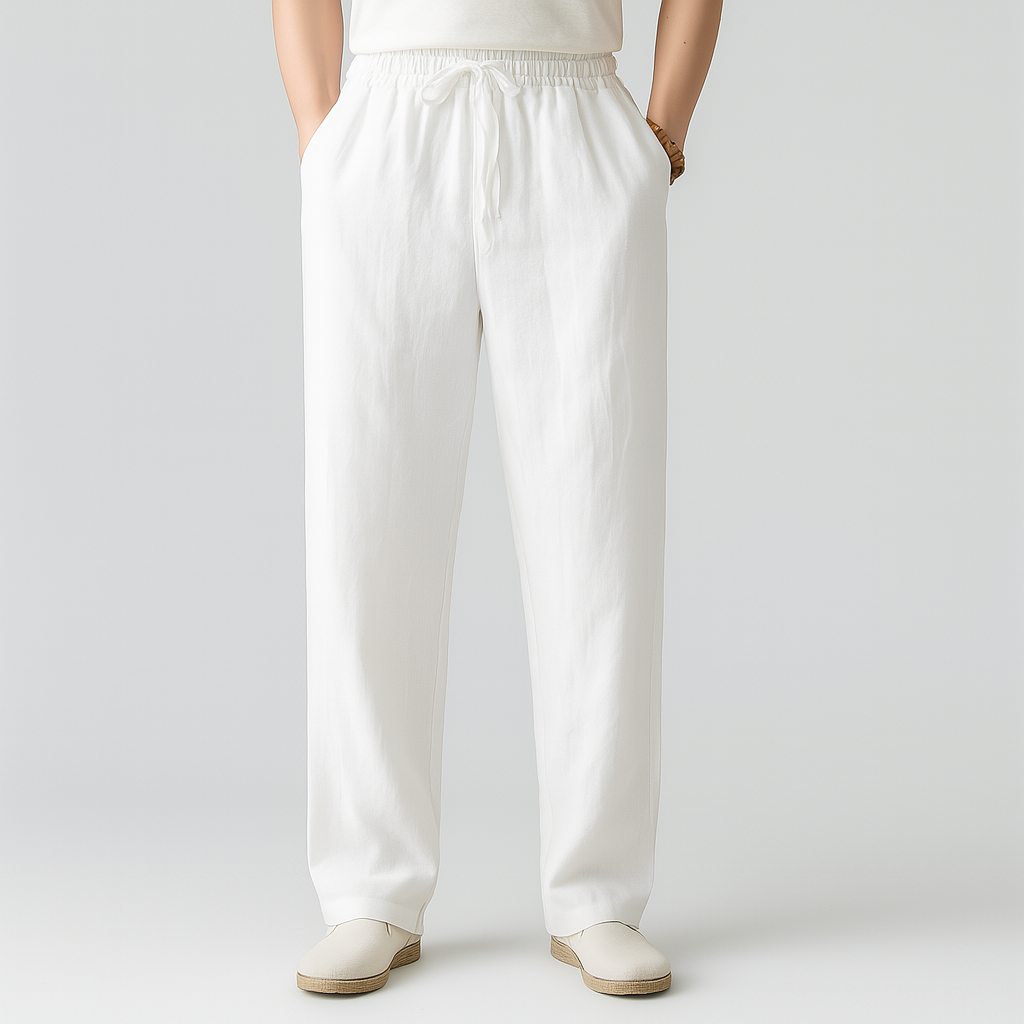 Men's Linen-Look Trousers with Drawstring Waist | Avani - White