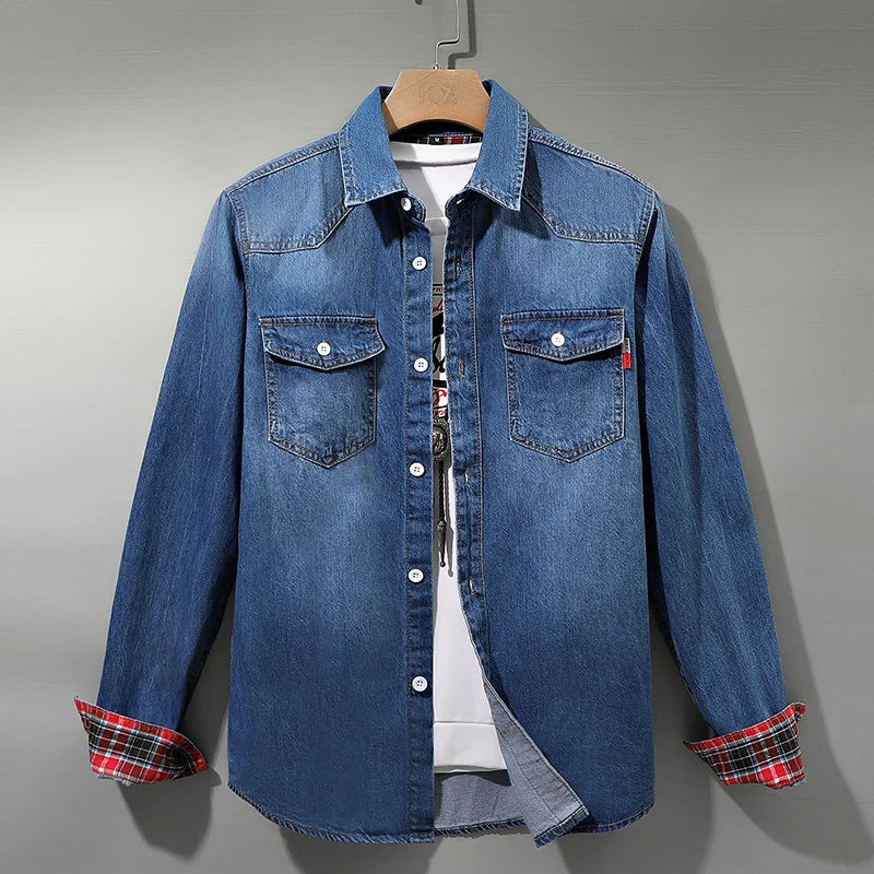Men's Denim Button-Up Shirt with Plaid Cuffs | Savoni - Light Blue