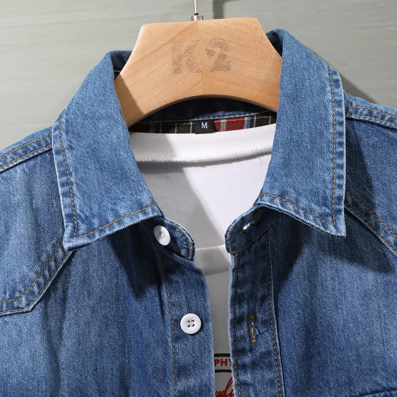 Men's Denim Button-Up Shirt with Plaid Cuffs | Savoni