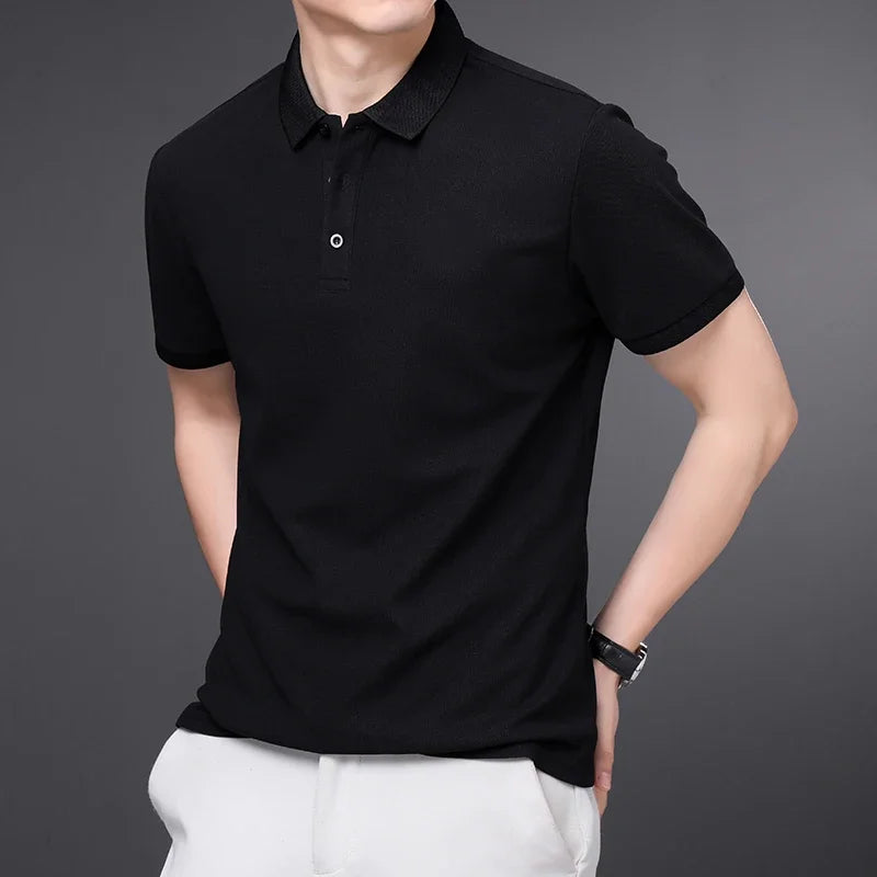 Men's Tailored Fit Polo Shirt with Ribbed Collar | Savoni - Black