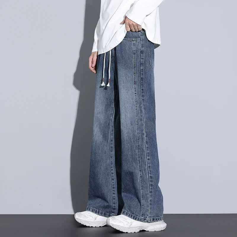 Men's Wide-Leg Denim Jeans with Drawstring | Arden - Dark Blue