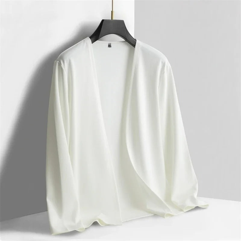 Men's Open Front Cardigan in Fine Knit | Savoni - White
