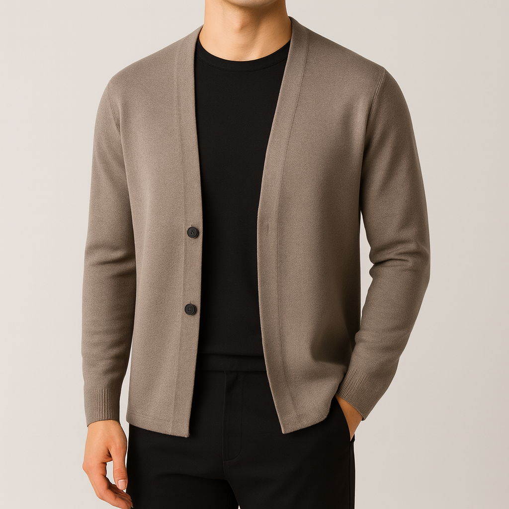 Men's Button-Up Cardigan in Fine Knit | Savoni - Camel