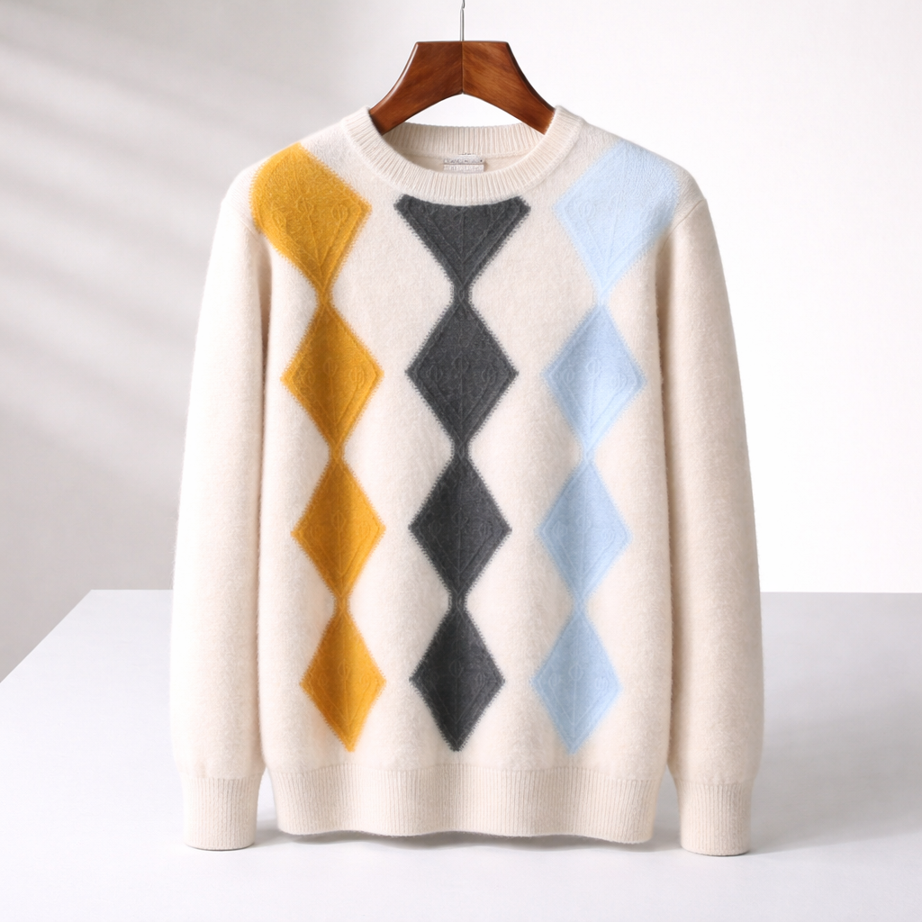 Men's Brushed Knit Argyle Sweater with Ribbed Cuffs | Savonti