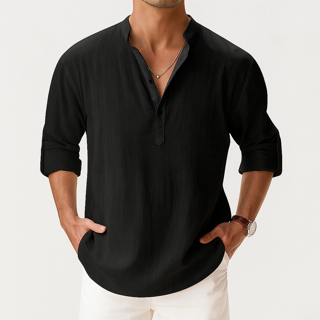 Men's Linen-Look Popover Shirt with Half Placket | Arden - Black