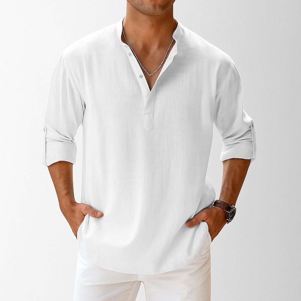 Men's Linen-Look Popover Shirt with Half Placket | Arden - White