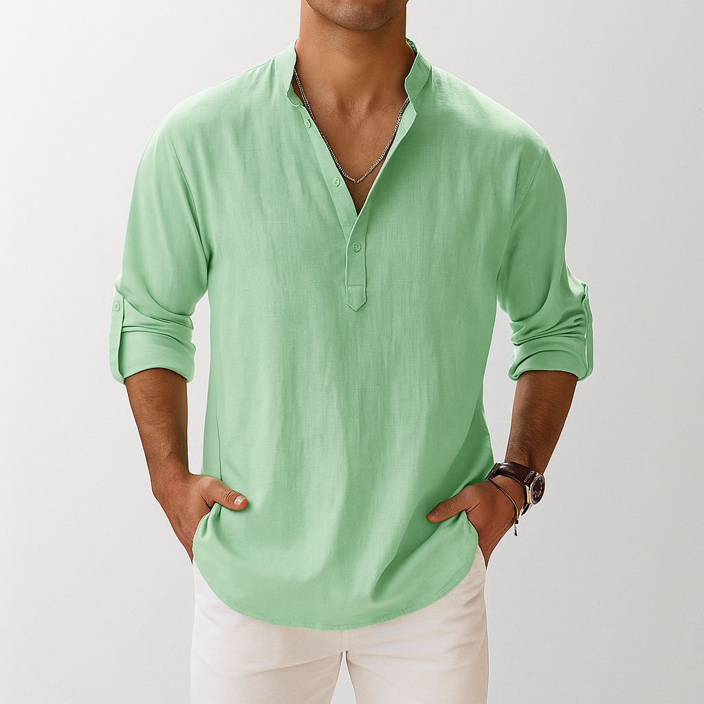 Men's Linen-Look Popover Shirt with Half Placket | Arden - Green