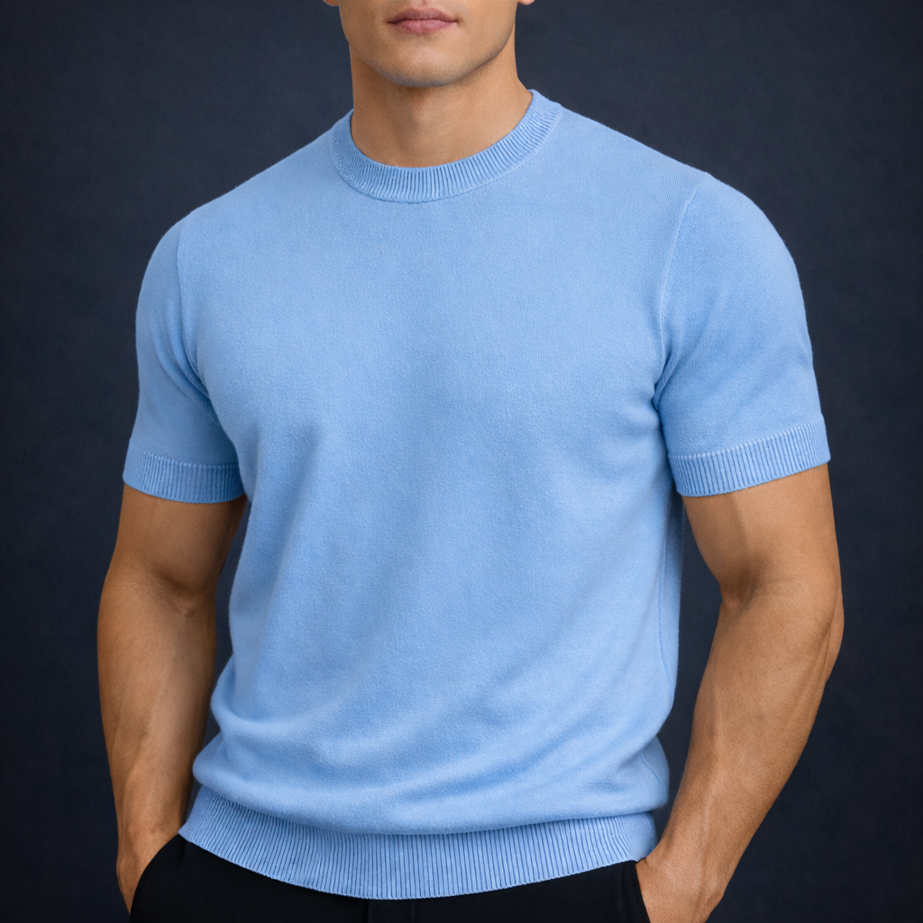 Men's Knitted T-Shirt with Crew Neck | Savino - Blue