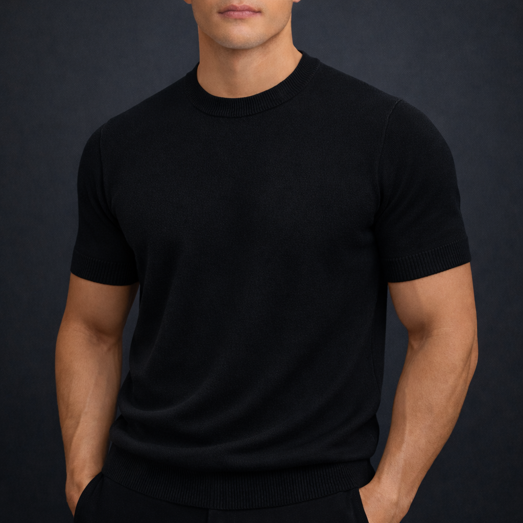 Men's Knitted T-Shirt with Crew Neck | Savino - Black