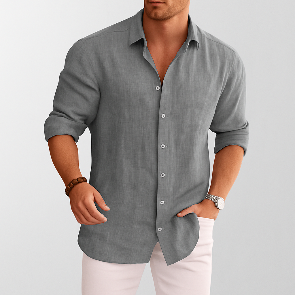 Men's Linen-Look Button-Up Shirt with Spread Collar | Arden - Gray
