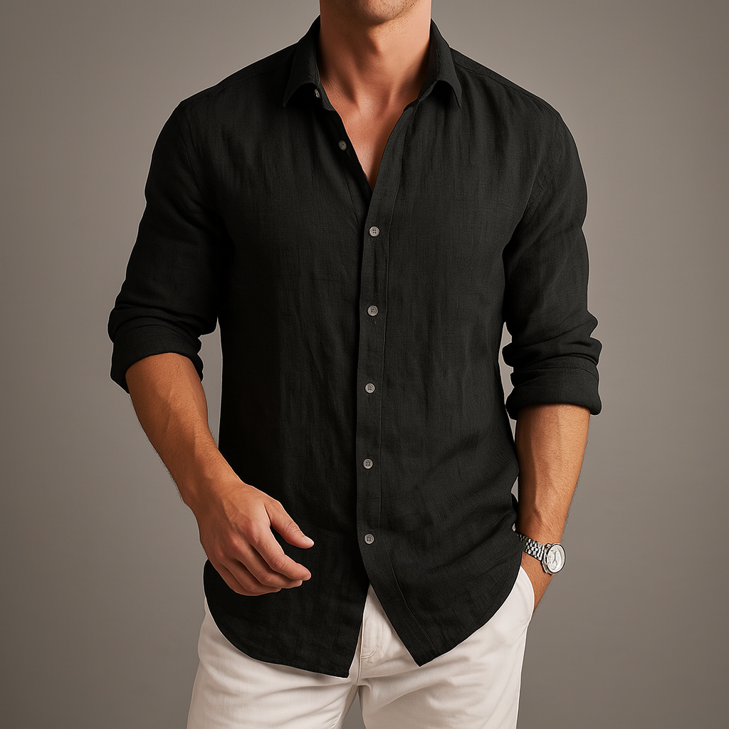 Men's Linen-Look Button-Up Shirt with Spread Collar | Arden - Black