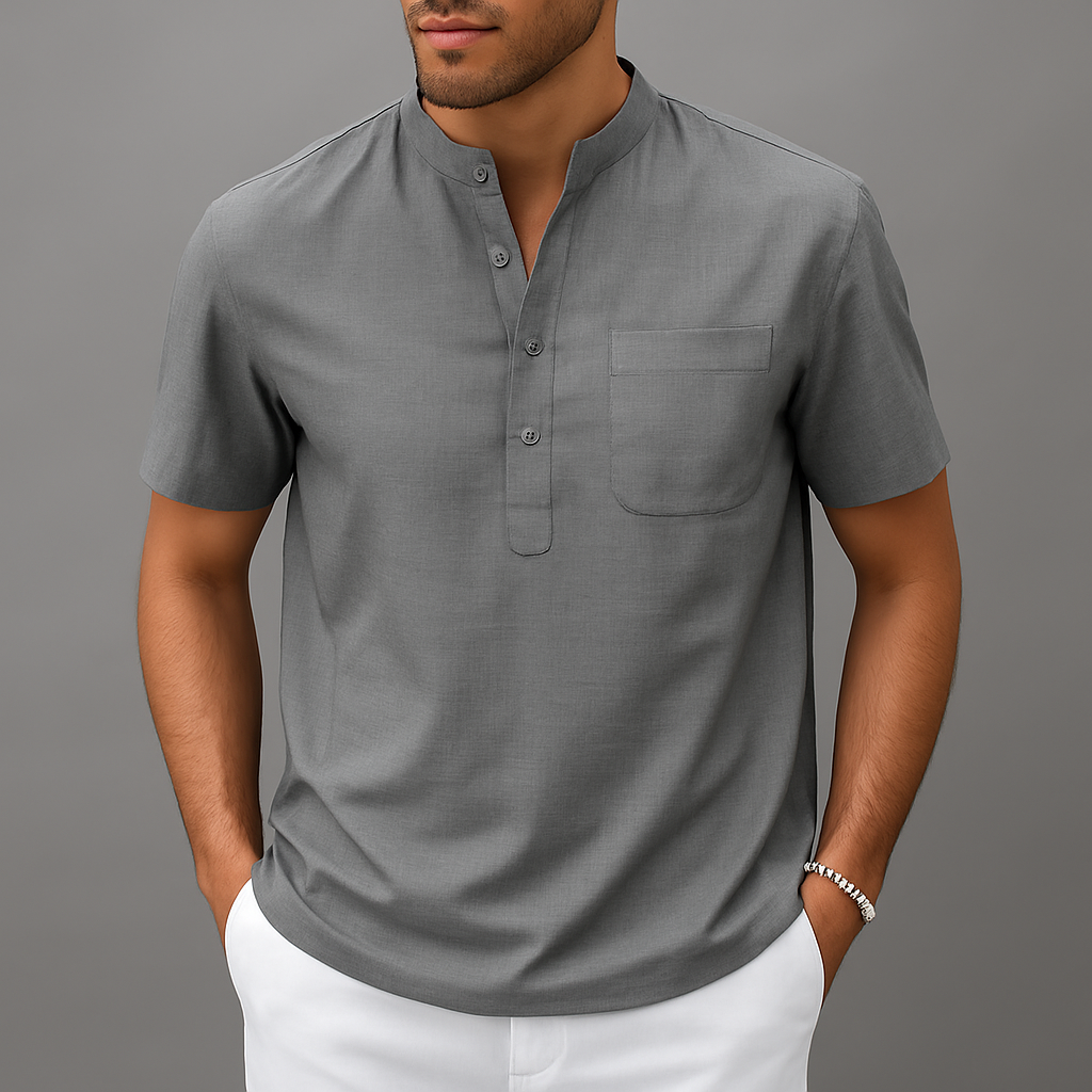 Men's Linen-Look Henley Shirt with Chest Pocket | Arden - Gray