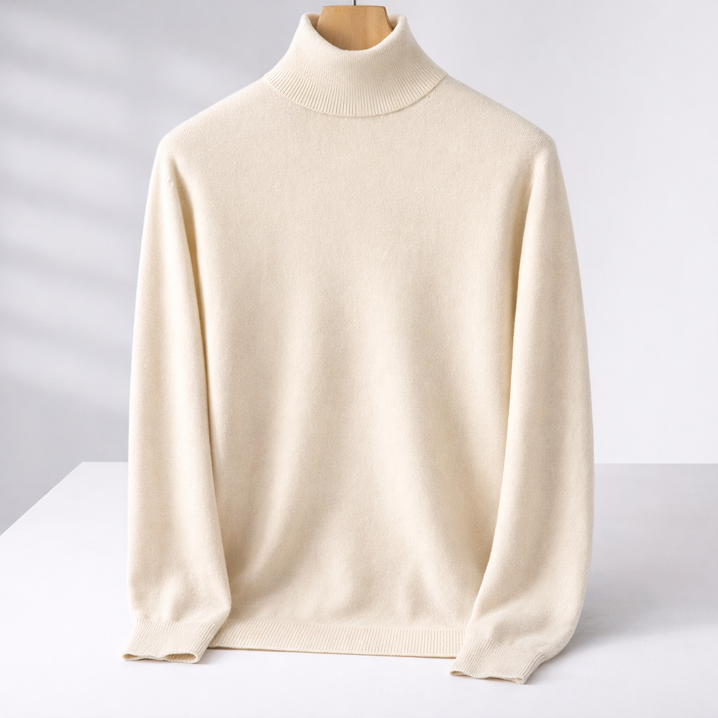 Men's Fine Knit Turtleneck Sweater with Fold Collar | Savonti - White