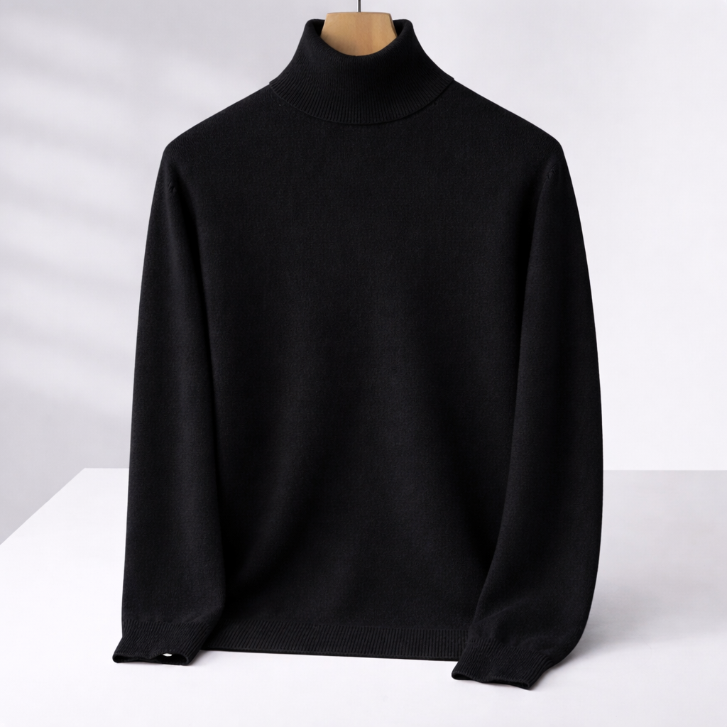 Men's Fine Knit Turtleneck Sweater with Fold Collar | Savonti - Black