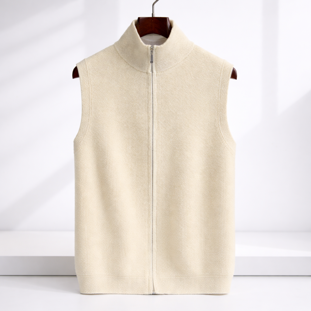 Men's Zip-Up Knit Sweater Vest with Stand Collar | Savoni - Beige
