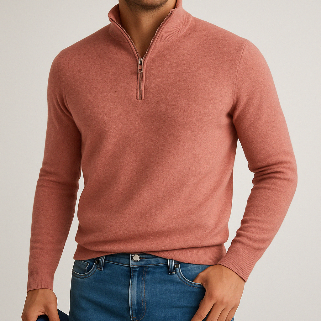 Men's Quarter-Zip Sweater in Fine Knit | Savoni - Pink
