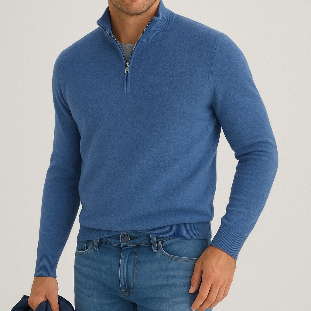 Men's Quarter-Zip Sweater in Fine Knit | Savoni - Blue