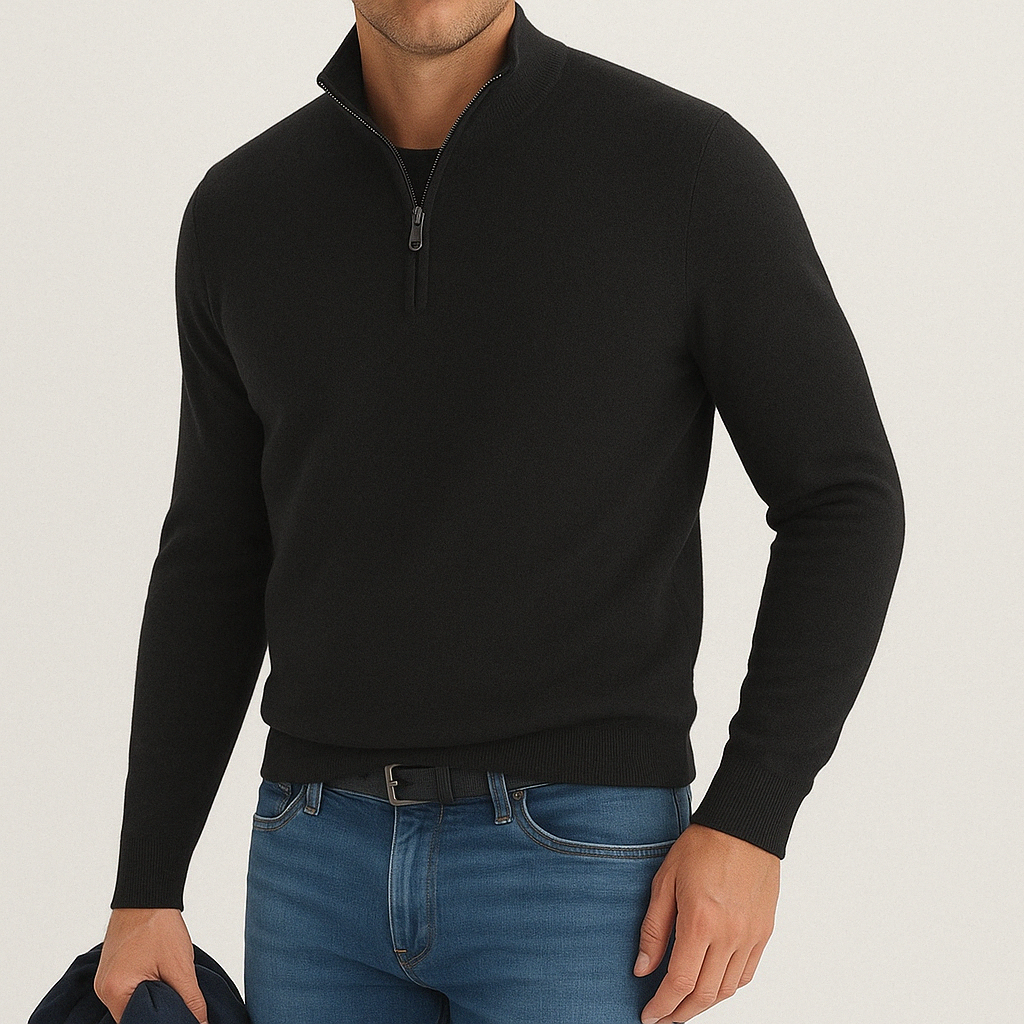 Men's Quarter-Zip Sweater in Fine Knit | Savoni - Black