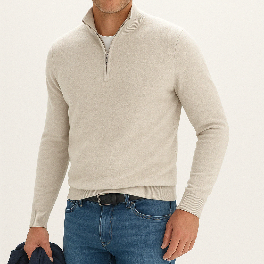 Men's Quarter-Zip Sweater in Fine Knit | Savoni - Beige