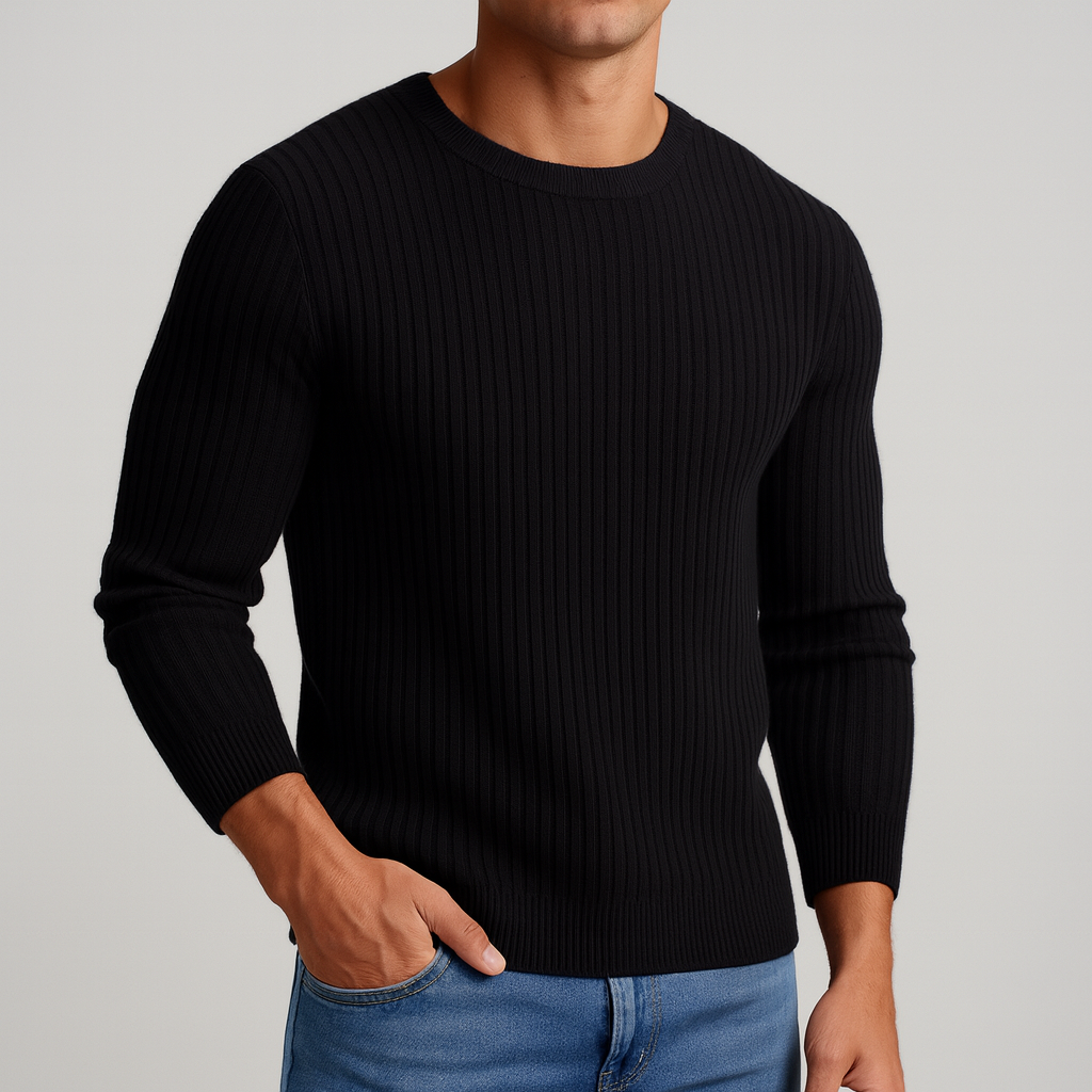 Men's Fine Cable Knit Crewneck Sweater | Savoni - Black