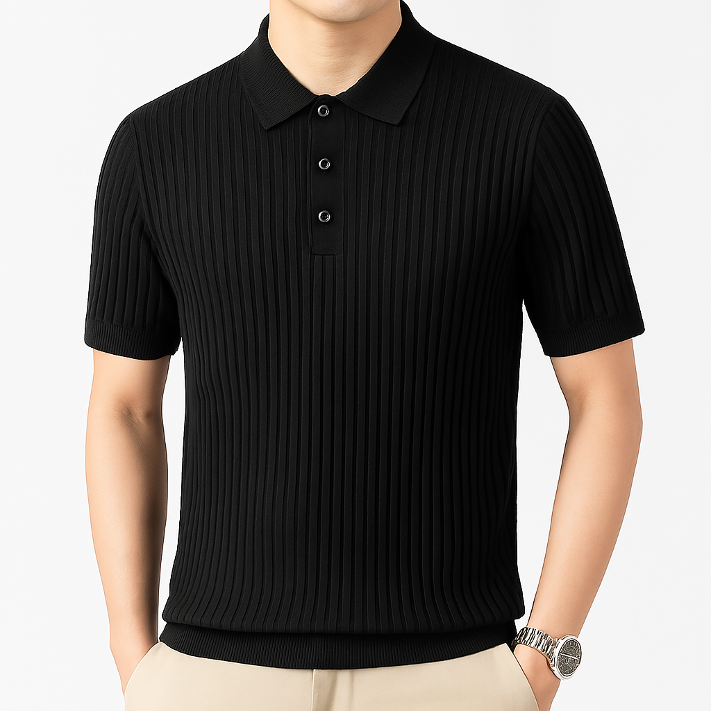 Men's Ribbed Knit Polo Shirt with Button Placket | Savoni - Black