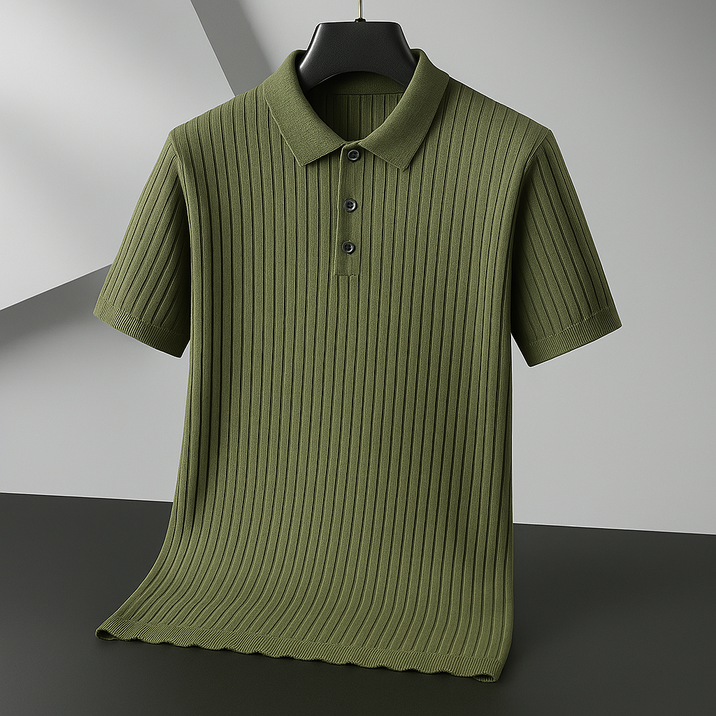 Men's Ribbed Knit Polo Shirt with Button Placket | Savoni