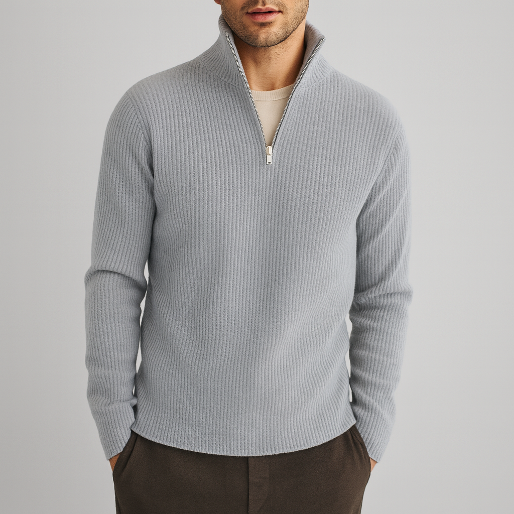 Men's Ribbed Quarter-Zip Sweater in Fine Knit | Savoni - Gray