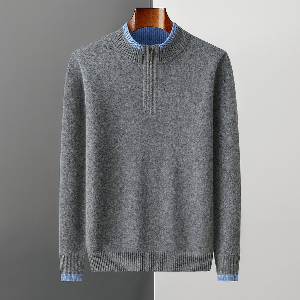 Men's Fine Knit Quarter-Zip with Contrast Collar | Savoni - Light Gray